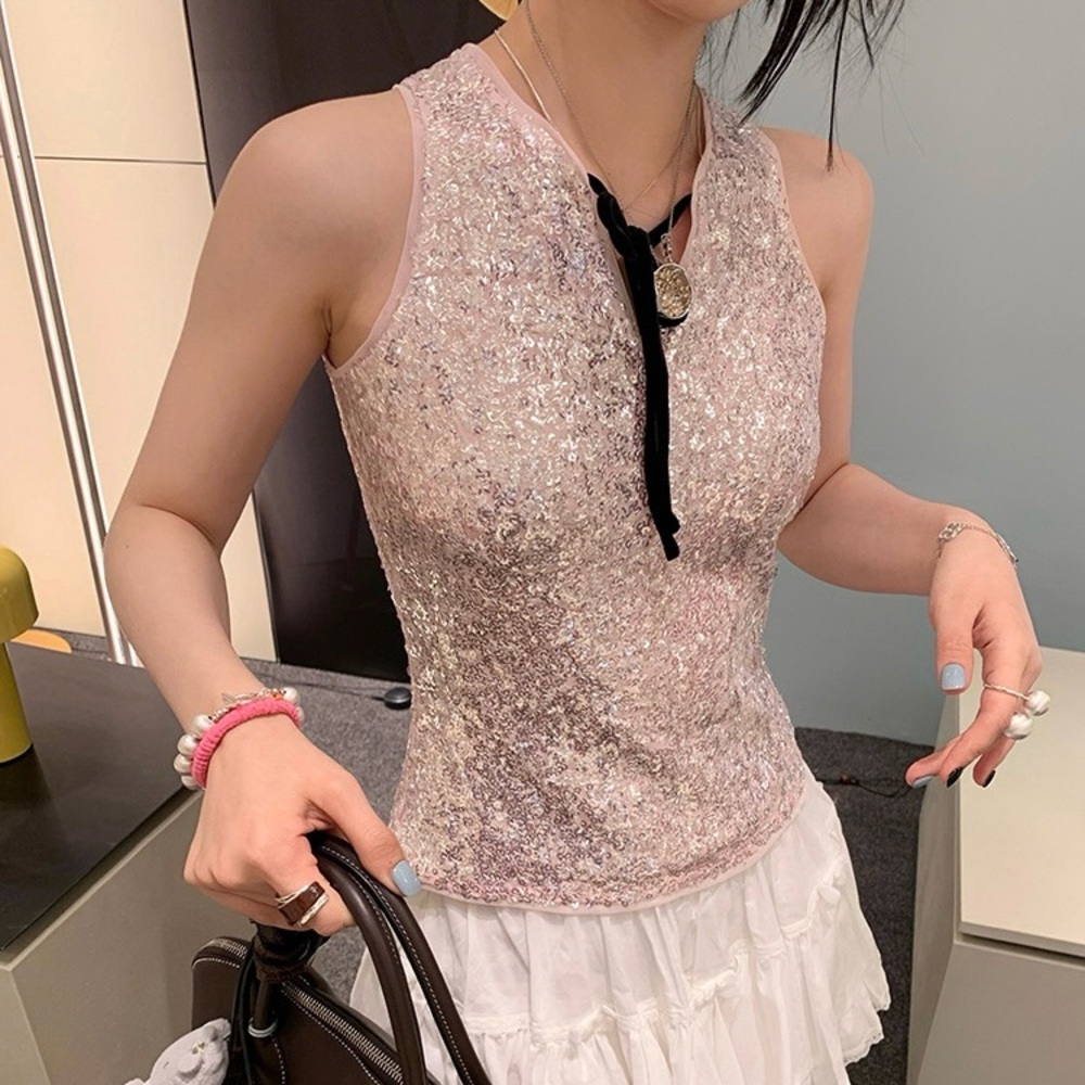 Pink Sequins Cropped Top Full Sequins Luxury Slim… - image 4